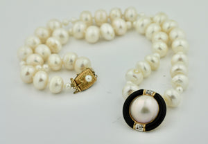 14 Karat Gold, Cultured Pearl, Mabé Pearl, Onyx and Diamond Necklace