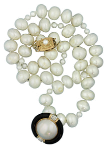 14 Karat Gold, Cultured Pearl, Mabé Pearl, Onyx and Diamond Necklace