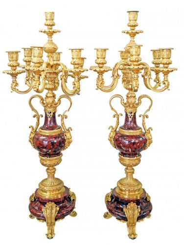 LOUIS XV STYLE GILT BRONZE MOUNTED MARBLE SEVEN LIGHT CANDELABRA