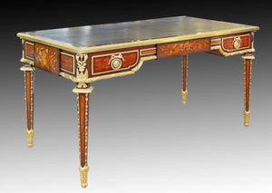 FINE LOUIS XVI STYLE TULIPWOOD AND FRUITWOOD MARQUETRY  MAHOGANY BUREAU PLAT